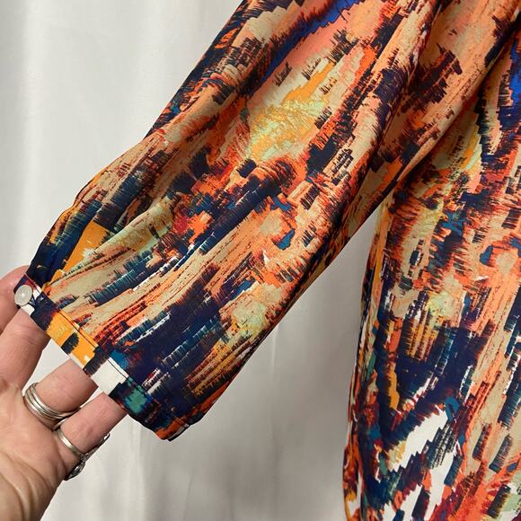 ANA A New Approach Top Blouse Orange Multicolor M Tie Front - Picture 5 of 13